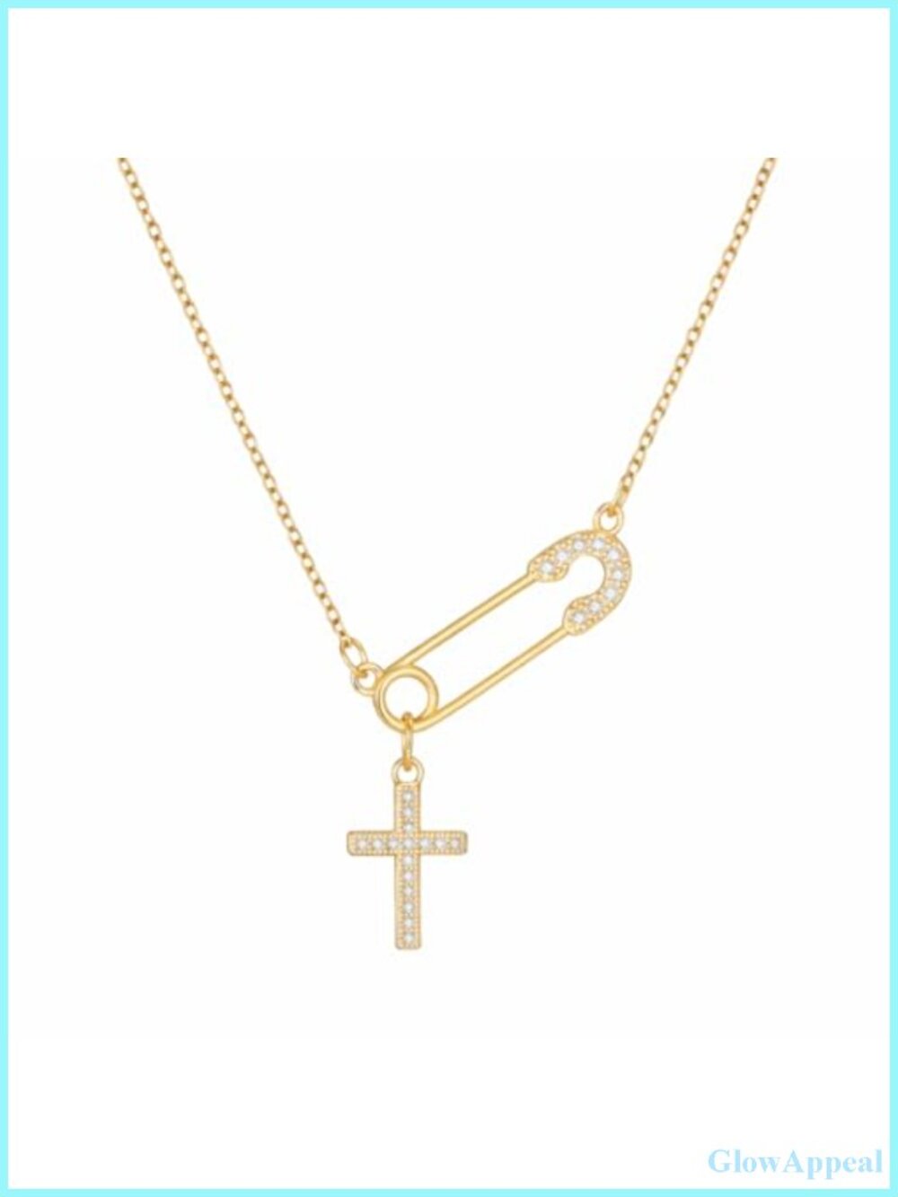 14K Gold Plated Stainless Steel Dainty Cross Pendant Necklace with Safety Pin